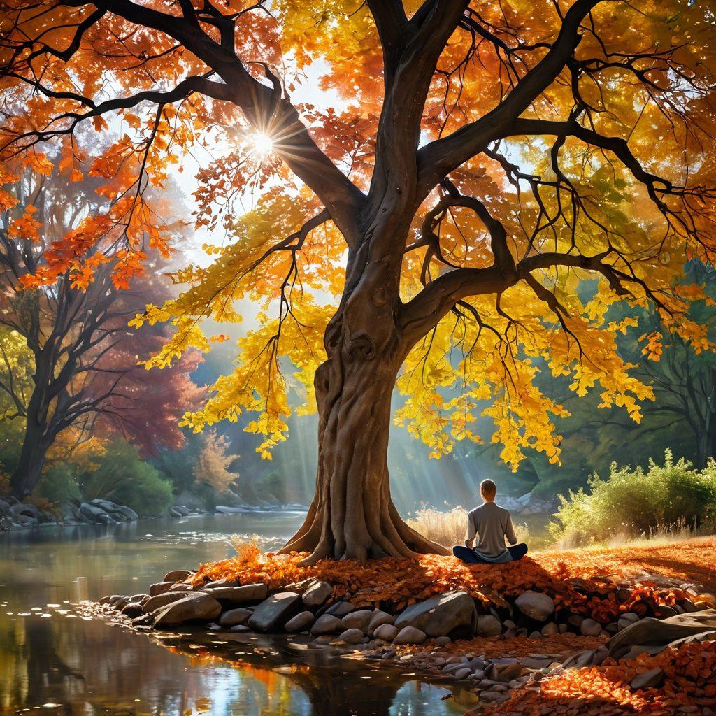 A serene landscape with a person meditating under a large tree, surrounded by colorful autumn leaves, embodying peace and tranquility. Soft rays of sunlight filter through the branches, illuminating the scene. Include elements of nature like a flowing stream and blooming flowers. Utilize warm, inviting colors to evoke feelings of gratitude and mindfulness. super-realistic. vibrant colors. peaceful ambiance.